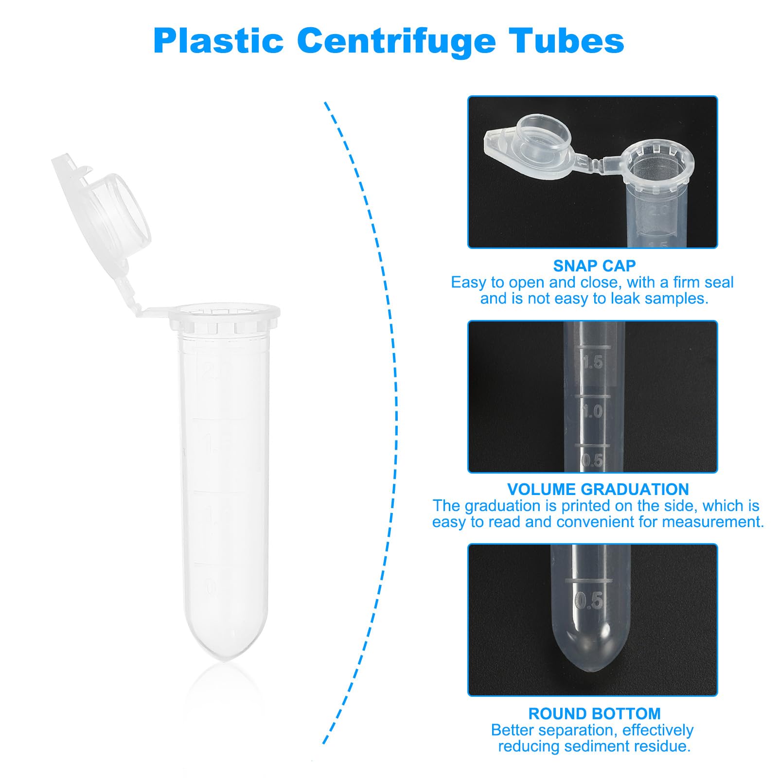 PATIKIL 2.0ML Plastic Centrifuge Tubes, 250 Pcs Microcentrifuge Tubes with Snap Cap and Graduated Marks for Sample Storage, Clear