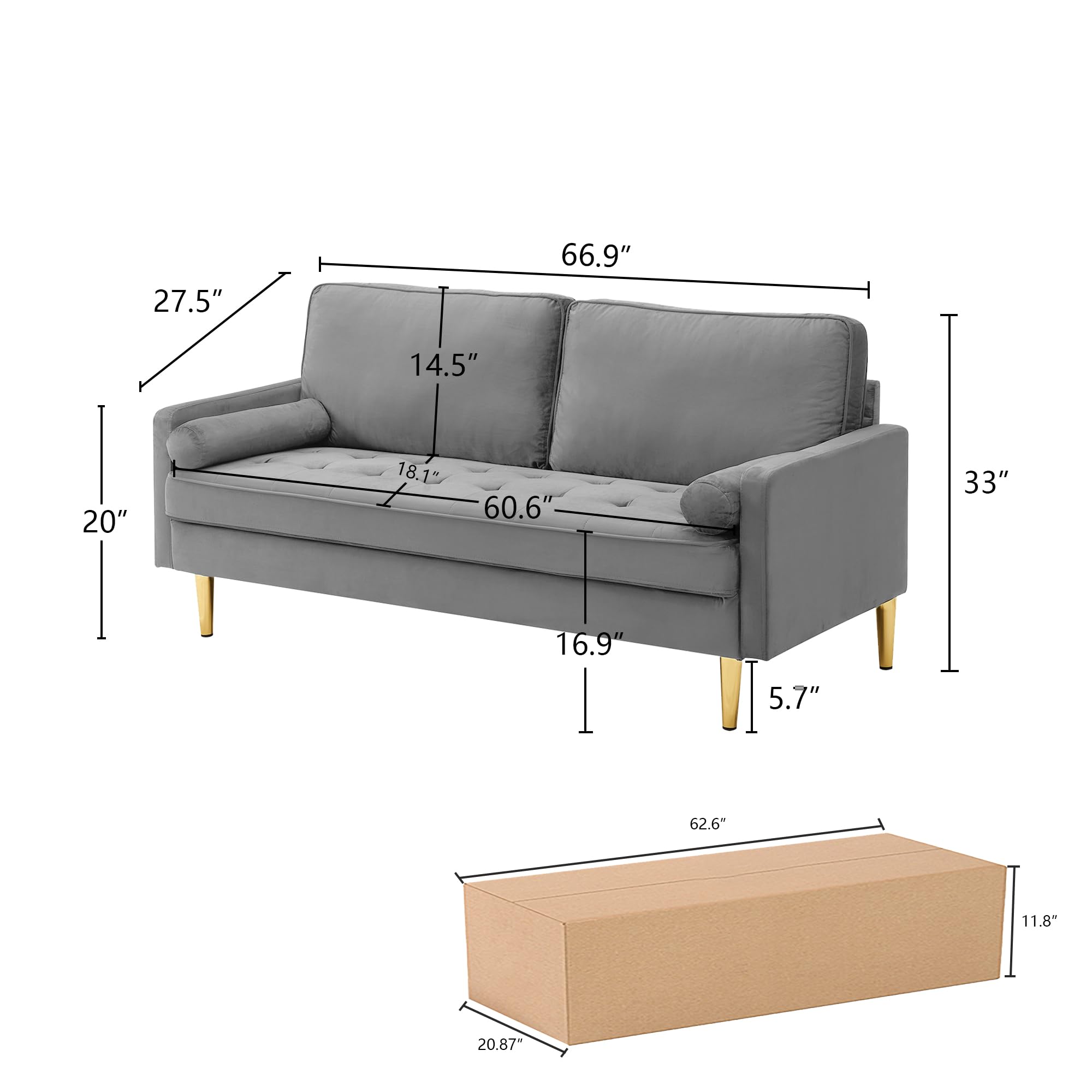 JDMYC Furniture 67" Velvet Loveseat Sofa with Golden Metal Legs, Modern Couch for Living Room, Bedroom, Small Spaces, and Guest Room (Grey)