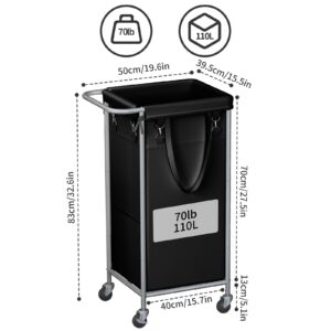 SOBECHOI Laundry Basket with Wheels, Rolling Laundry Hamper, 29 Gallons (110L), Removable Liner and Steel Frame - Steel Frame with Handle - Ink Black, 19.6 x 15.5 x 32.6 Inches