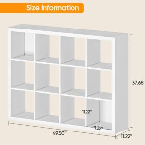 Bookshelf with Storage Bins, 12-Cube Storage Organizer with Back Panels, Modern Wood Open Bookcase, Multifunctional Display Shelf for Living Room, Bedroom, Home Office, White