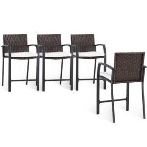 patiofestival counter height patio bar stools set of 4 wicker outdoor chairs sets with cushion metal arm leg footrests all weather frame (brown)