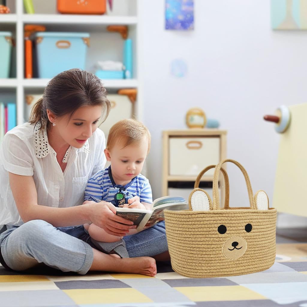 SpaSave Bear Basket, Baby Laundry Basket, Baby Shower Basket, Baby Diaper Caddy Organizer with Handles, Nursery Storage Bin Basket Hamper, 14""D x 10""W x 8""H (Brown)