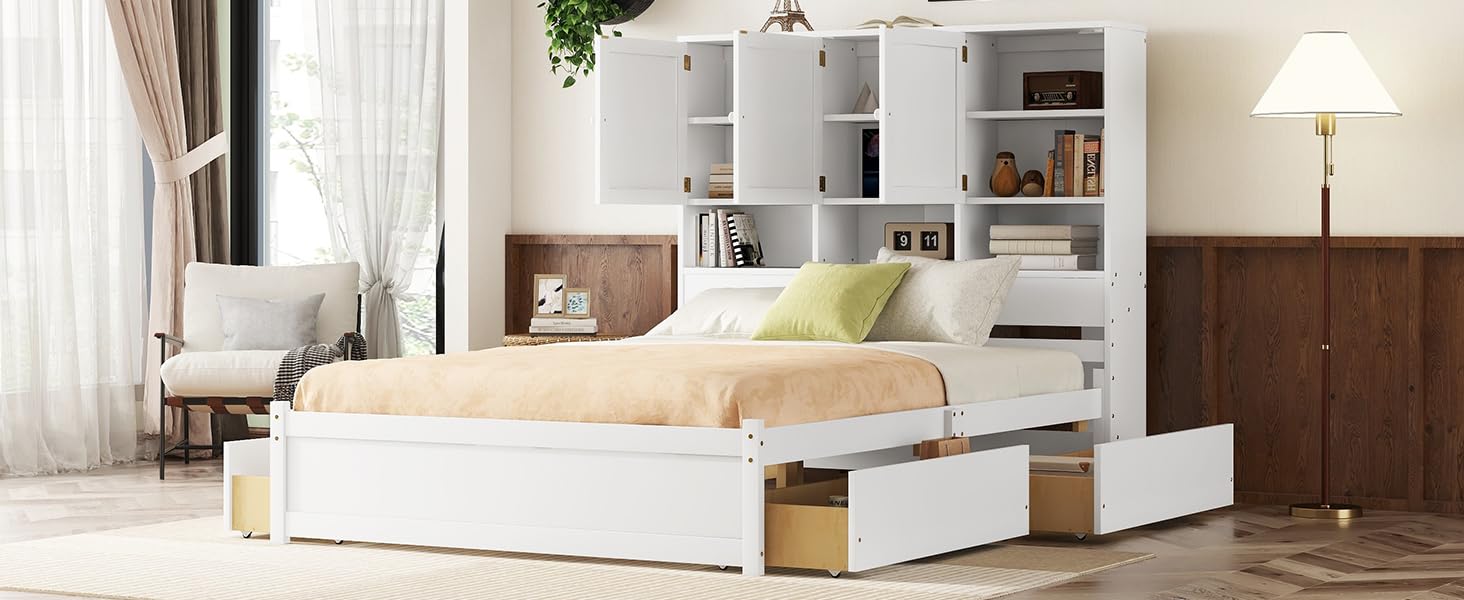 GM Ultra Queen Size Bed Frame with Storage Headboard, Bed Frame Queen Size with 4 Storage Drawers Cabinet, Platform Bed Frame Queen Size with Cabinet, No Box Spring Needed, Easy Assembly, White