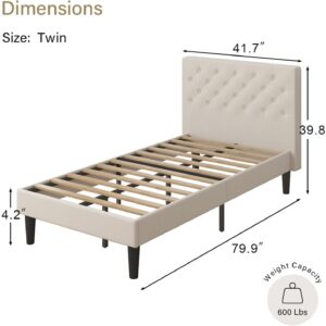 Twin Bed Frame with Fully Piece Headboard, Linen Upholstered Platform Bed with Wooden Slats, No Box Spring Needed, Easy Assembly, Beige