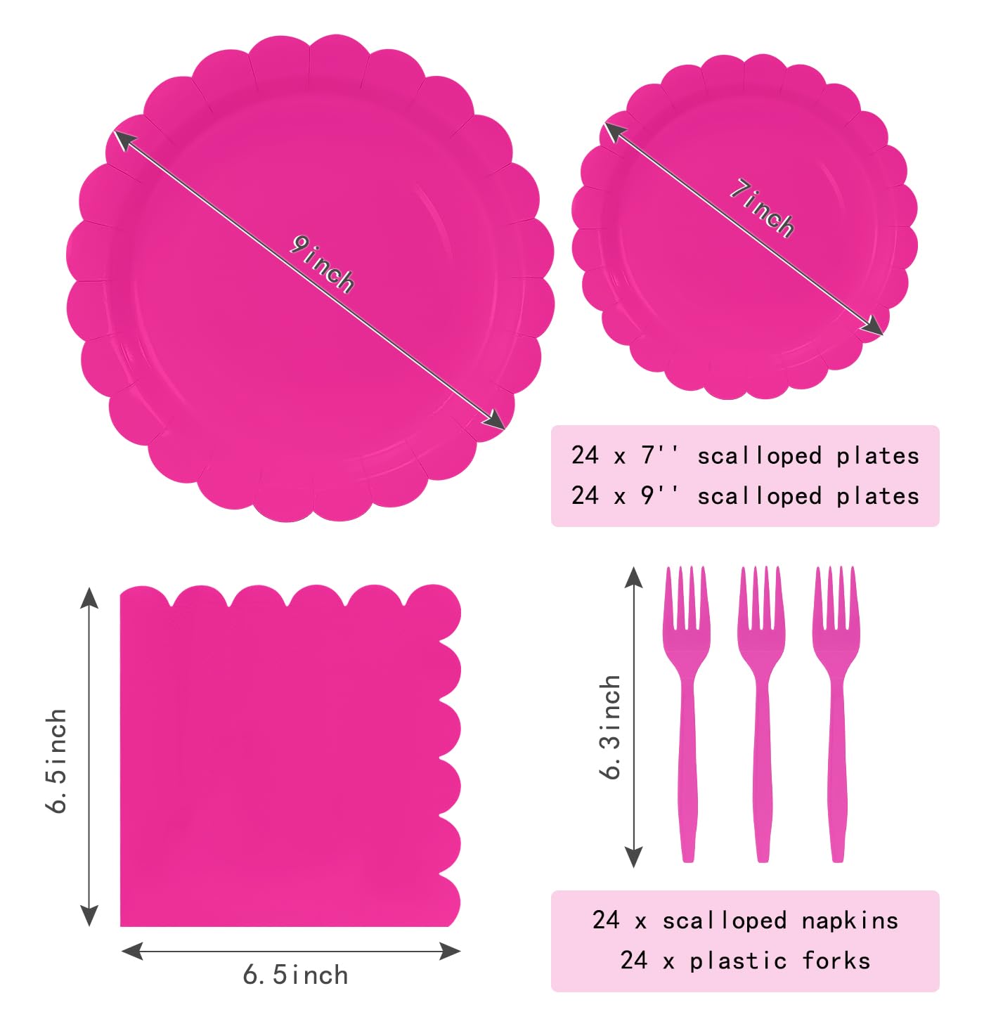 MUNILAIL 96 Pcs Hot Pink Plates and Napkins Party Supplies Serve 24 Guests Including Hot Pink Scalloped Paper Plates and Napkins Plastic Forks for Baby Shower Birthday Party Disposable Dinnerware Set