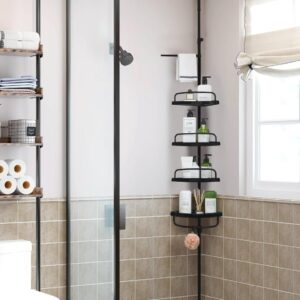 MeowWoof Corner Shower Caddy Tension Pole, 4-Tier Adjustable Shower Shelves, Rustproof Bathroom Shower Organizer, Floor Standing Bath Rack with Rod