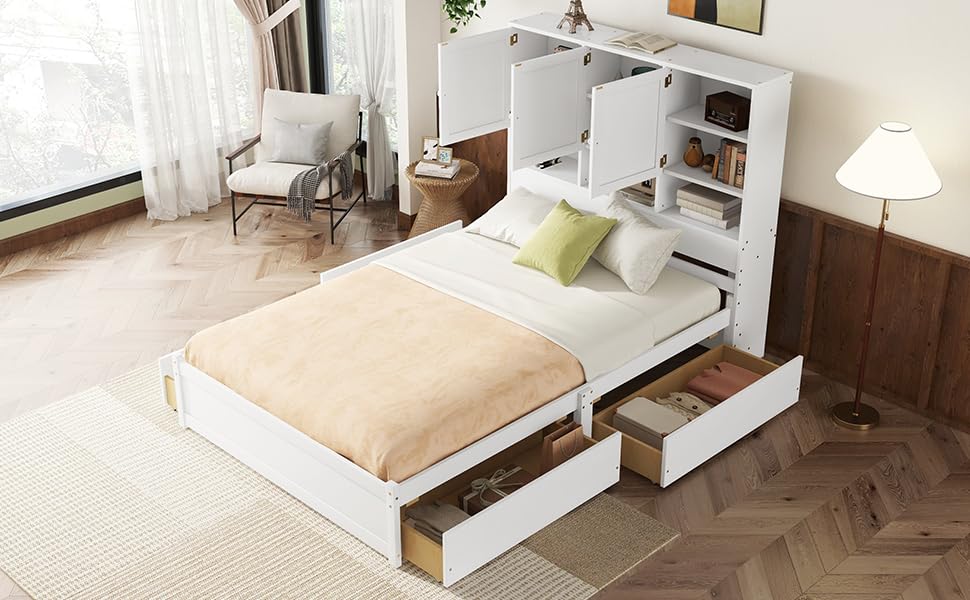 GM Ultra Queen Size Bed Frame with Storage Headboard, Bed Frame Queen Size with 4 Storage Drawers Cabinet, Platform Bed Frame Queen Size with Cabinet, No Box Spring Needed, Easy Assembly, White