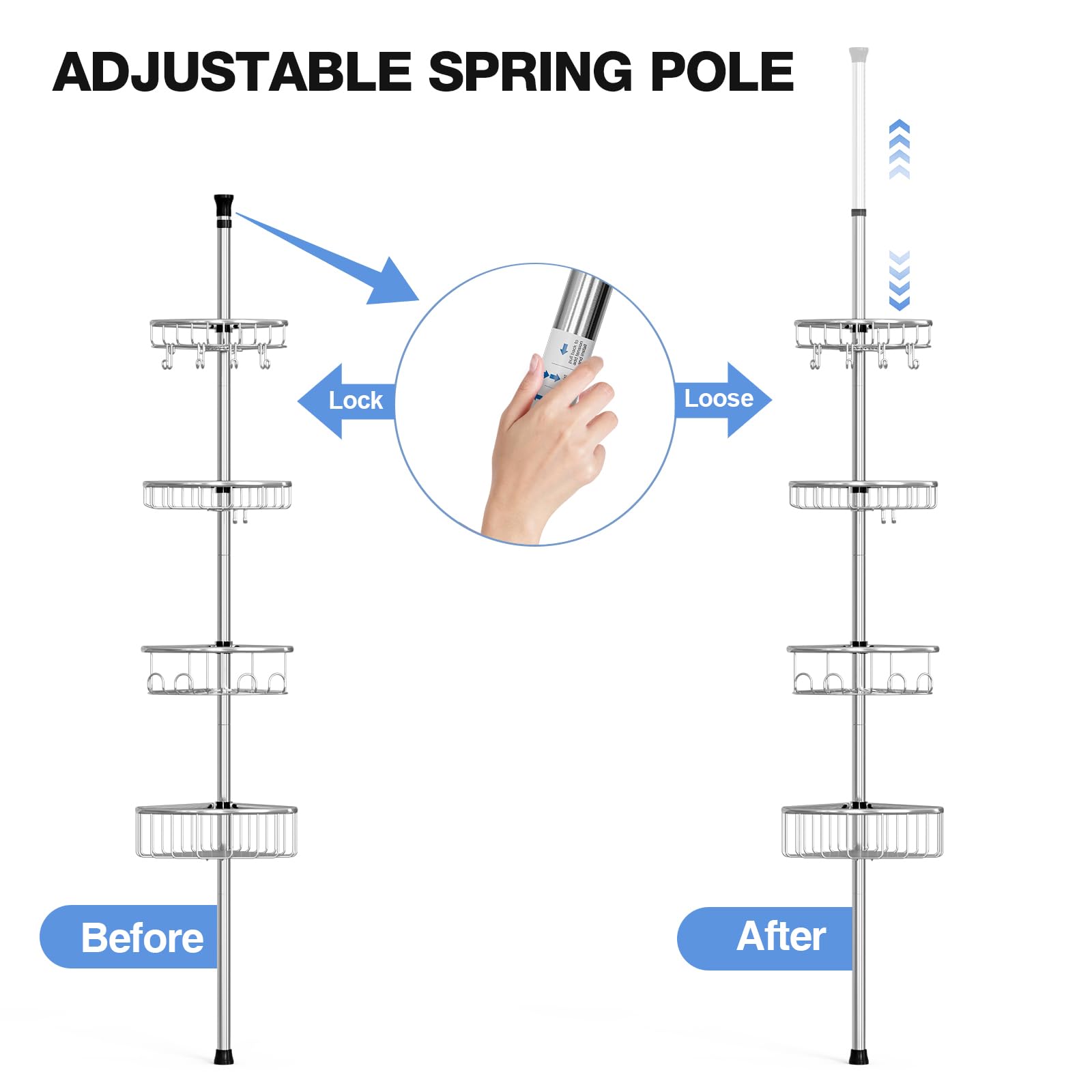 Corner Shower Caddy Tension Pole: Stainless Steel Rustproof 4-Tier Shower Organizer - 47-121 inch Adjustable Bathroom Shelves for Bathtub Shampoo Storage - Tension Rod Floor Standing Bath Rack -Sliver