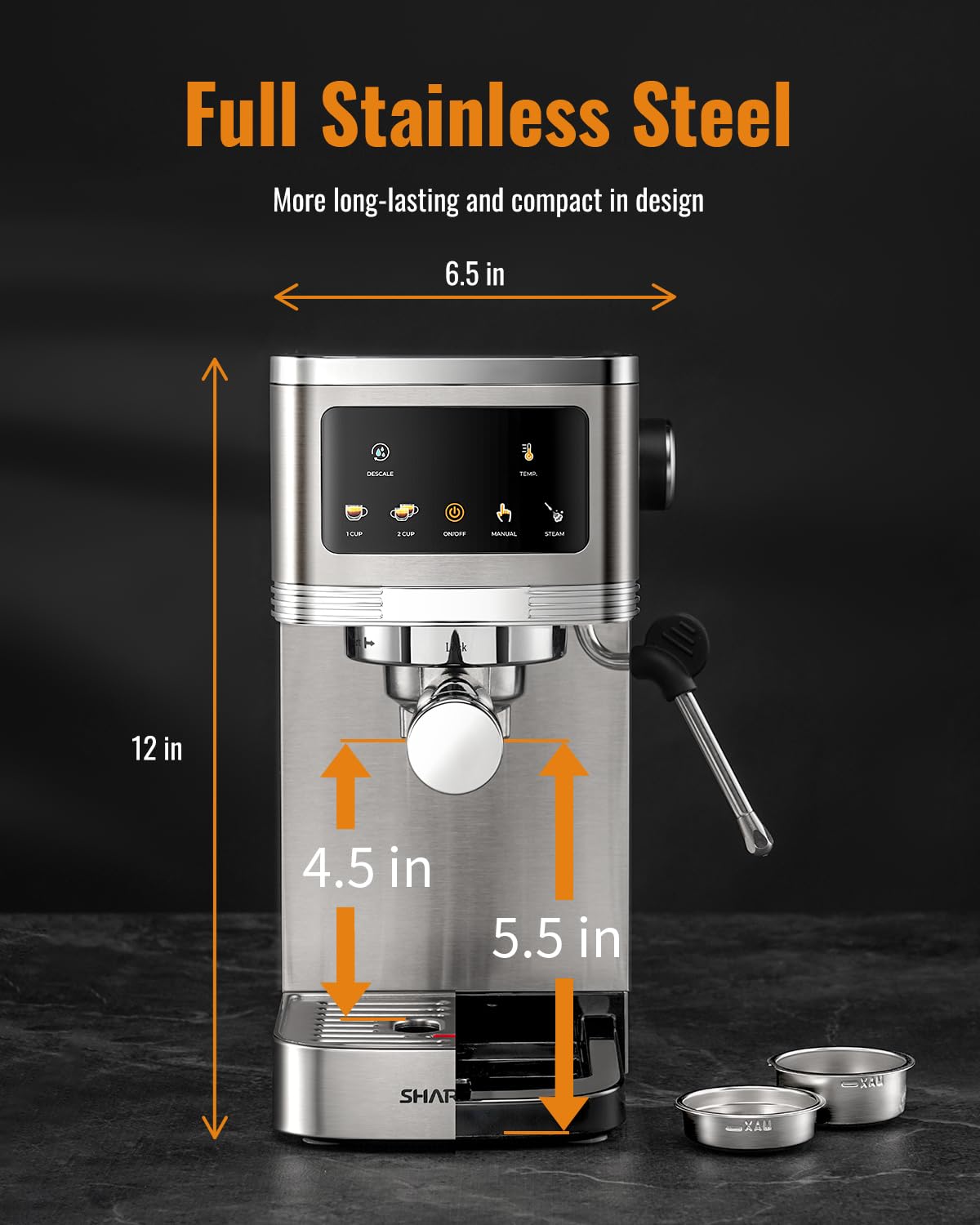 SHARDOR Espresso Machine 20 Bar, Professional Espresso Maker with Milk Frother Steam Wand and Touchscreen, Compact Stainless Steel Coffee Machine with Adjustable Temperature,for Cappuccino, Latte