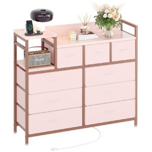 GarveeHome Dresser for Bedroom with 9 Drawer, Tv Stand with Charging Station, Fabric Chest of Drawers for Bedroom Dresser for Modern Design, Pink