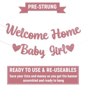 Welcome Home Baby Girl Banner - Pink Baby Shower Decorations for Girl, Gender Reveal Baby Shower Inside Outside Decoration Rose Gold Glitter