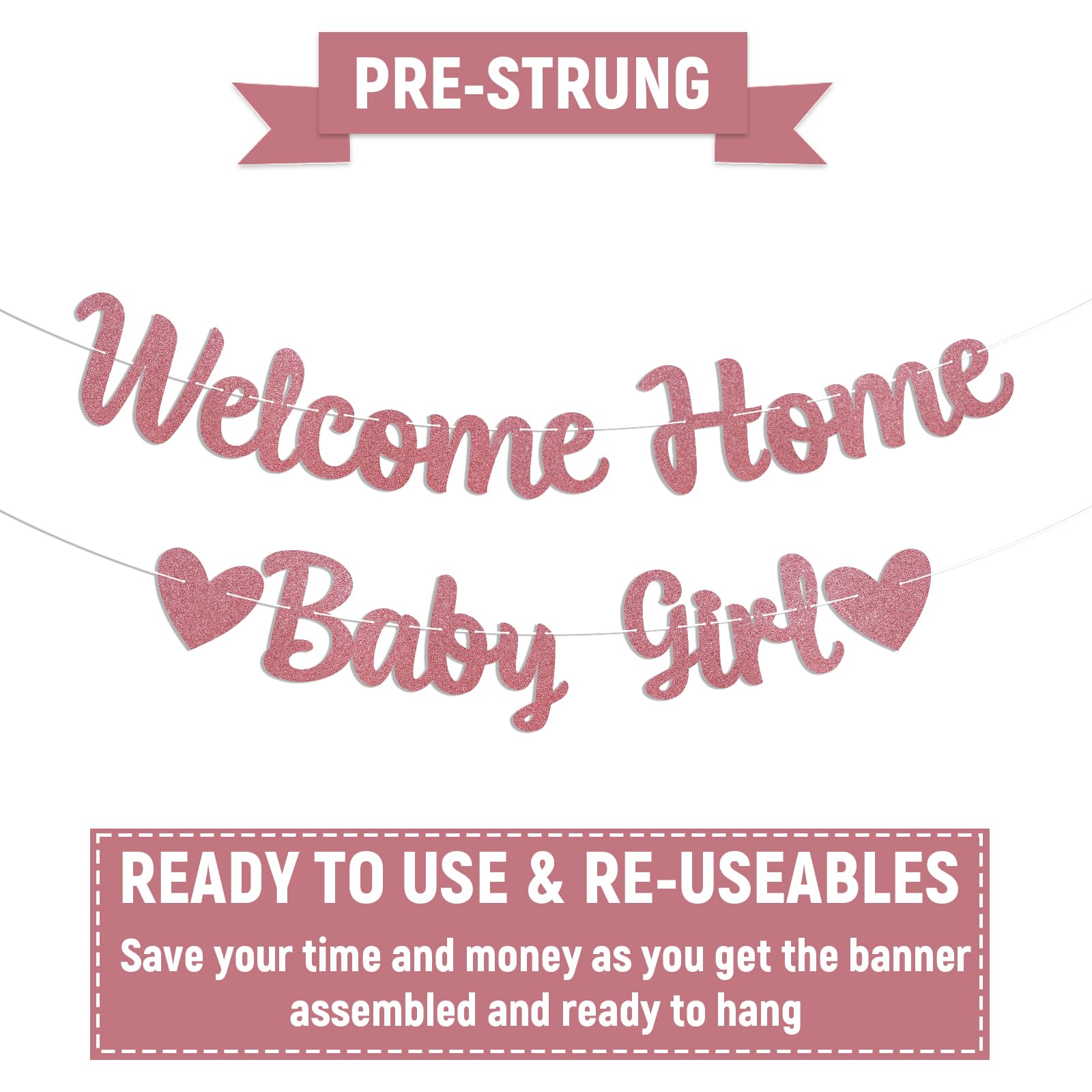 Welcome Home Baby Girl Banner - Pink Baby Shower Decorations for Girl, Gender Reveal Baby Shower Inside Outside Decoration Rose Gold Glitter