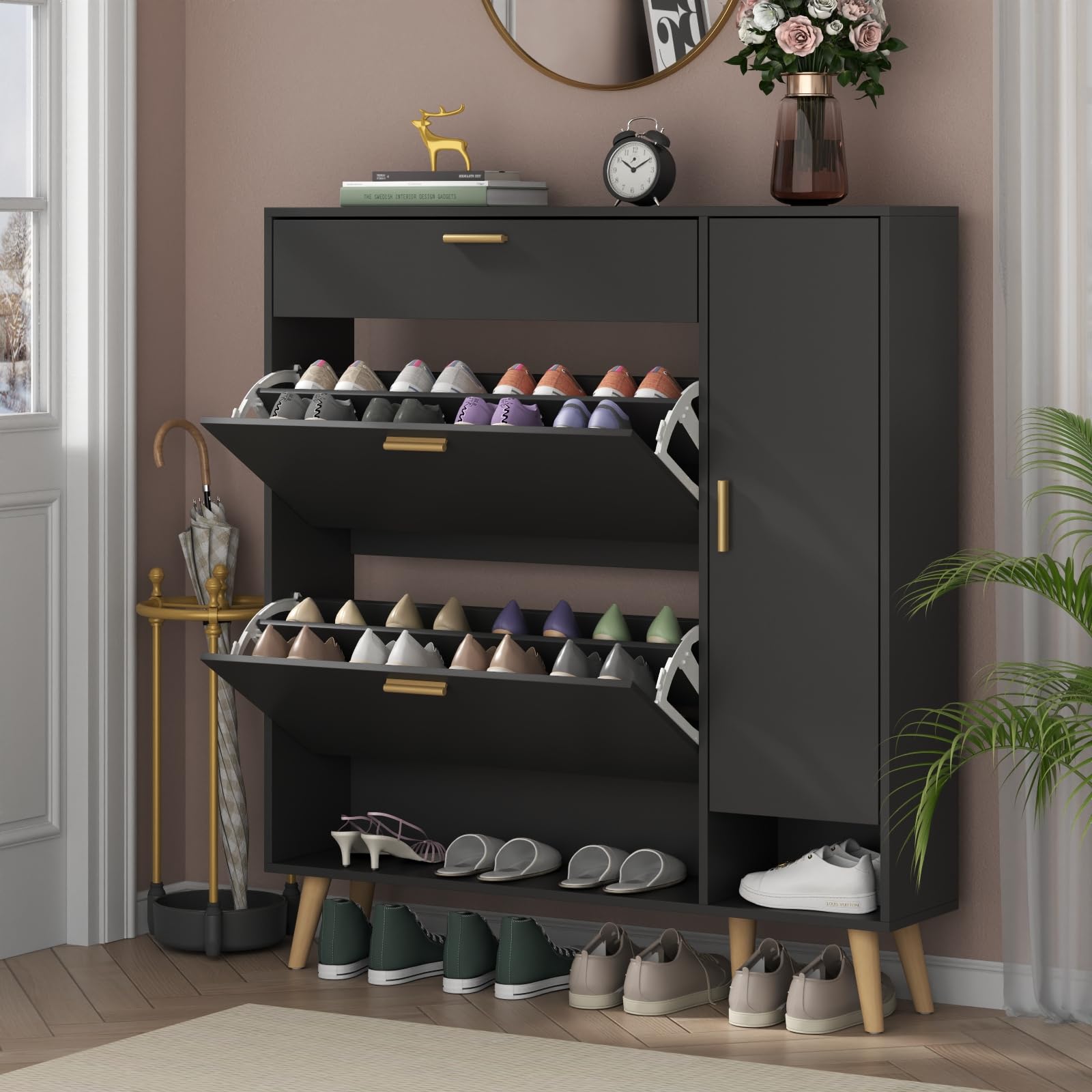 Loomie Shoe Cabinet, Shoe Storage Cabinet with 2 Flip Drawers & Side Cabinet, Narrow Shoe Cabinet with Doors, Hidden Shoe Storage with Adjustable Shelf, Slim Shoe Cabinet for Entryway