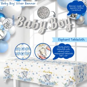 187 pc Premium Elephant Baby Shower Decorations for Boy - Balloon Garland Arch, Balloons Boxes, Baby Boy Banner, It's a Boy Backdrop, Mommy to Be Sash, Tablecloth, Elephant Cutouts and more