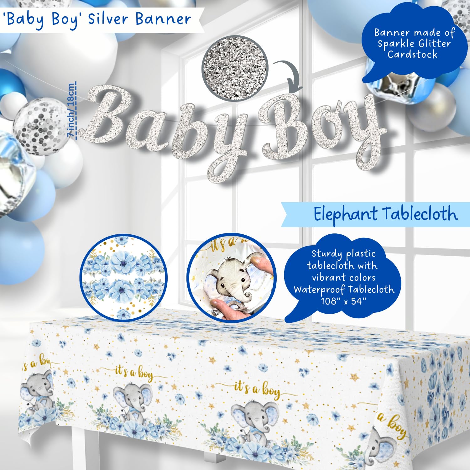 187 pc Premium Elephant Baby Shower Decorations for Boy - Balloon Garland Arch, Balloons Boxes, Baby Boy Banner, It's a Boy Backdrop, Mommy to Be Sash, Tablecloth, Elephant Cutouts and more