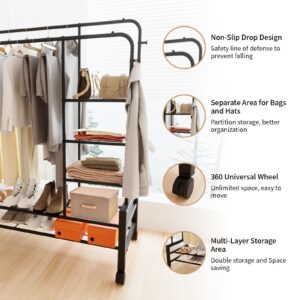 S&R PLKOP Double Rods Mobile Clothing Rack Heavy Duty Garment Rack for Hanging Clothes, 4 Side Hooks, Black, Clothes Racks for Hanging Clothes Multifunctional Bedroom Storage