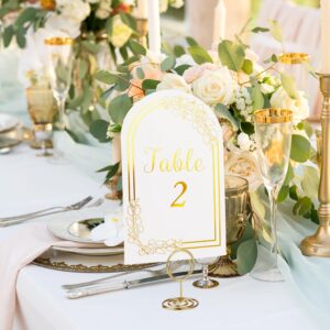 Wedding Table Numbers 1-20, 20 White Gold Table Number Cards with 20 Gold Table Number Holders, 1 Set of 20 Table Numbers for Wedding Reception(Card and Holder)