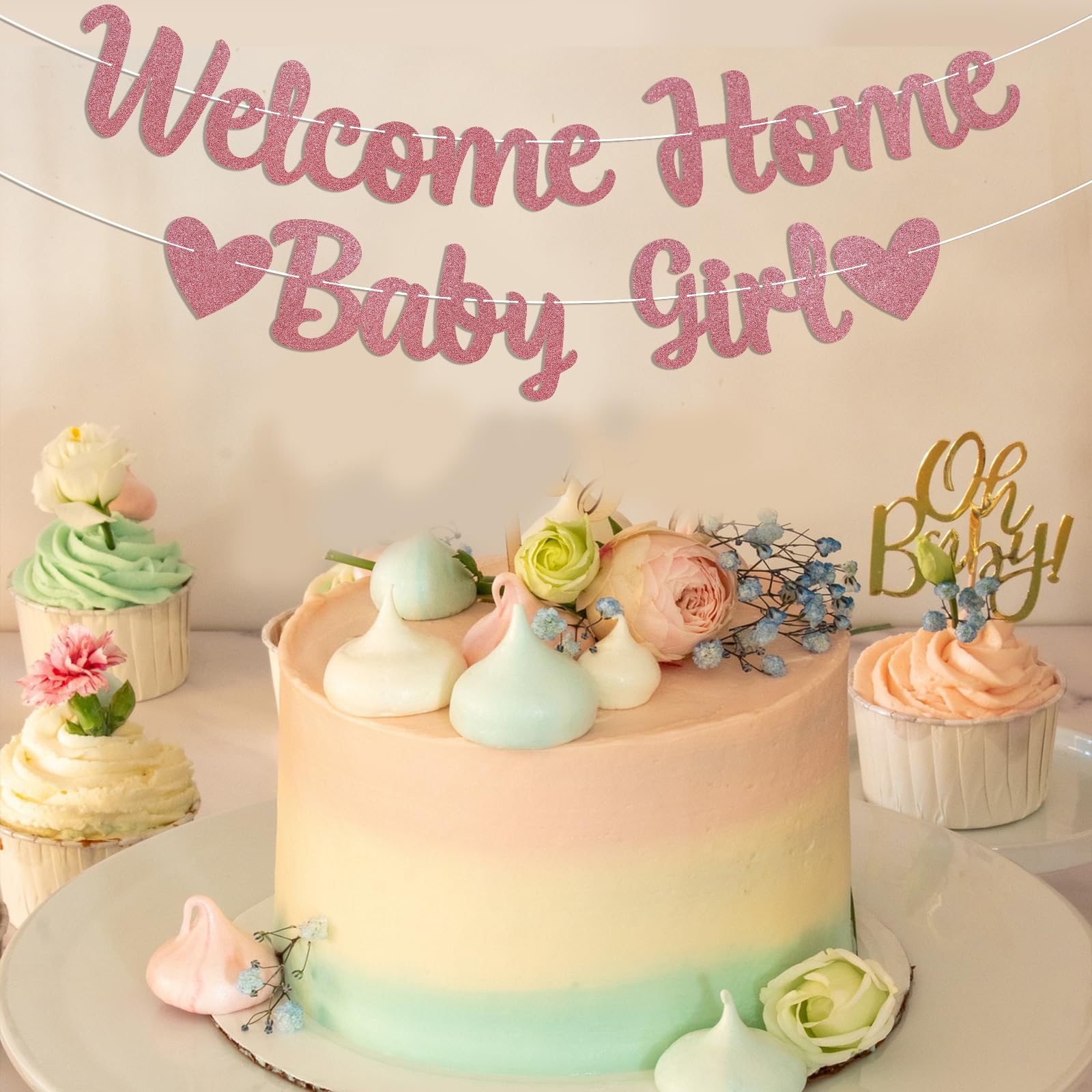 Welcome Home Baby Girl Banner - Pink Baby Shower Decorations for Girl, Gender Reveal Baby Shower Inside Outside Decoration Rose Gold Glitter