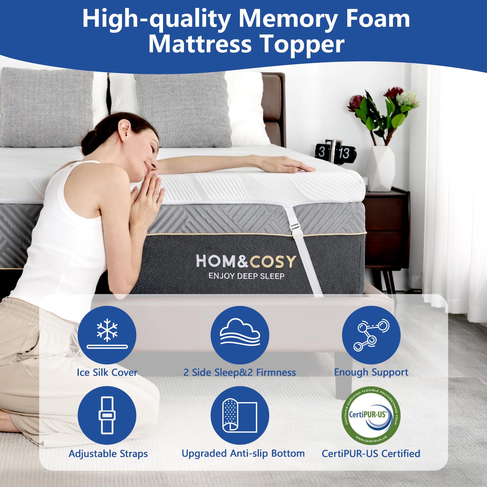 Full Size Firm Mattress Topper 3 Inch Memory Foam Mattress with Ice Silk Cover, Premier Cooling Gel+Bamboo High-Density Support, Medium Firm to Firm Mattress Topper for Pain Relief,Certified 53''x74''