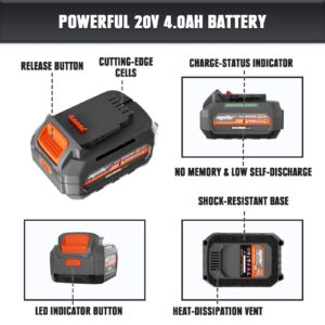 Mellif 20V Li-ion Battery Pack & Charger, Compatible with Mellif 20V Cordless Power Tools, 4.0Ah Battery & 4.0A Fast-Charger Combo, 10C/40Amps, Battery Starter Kit