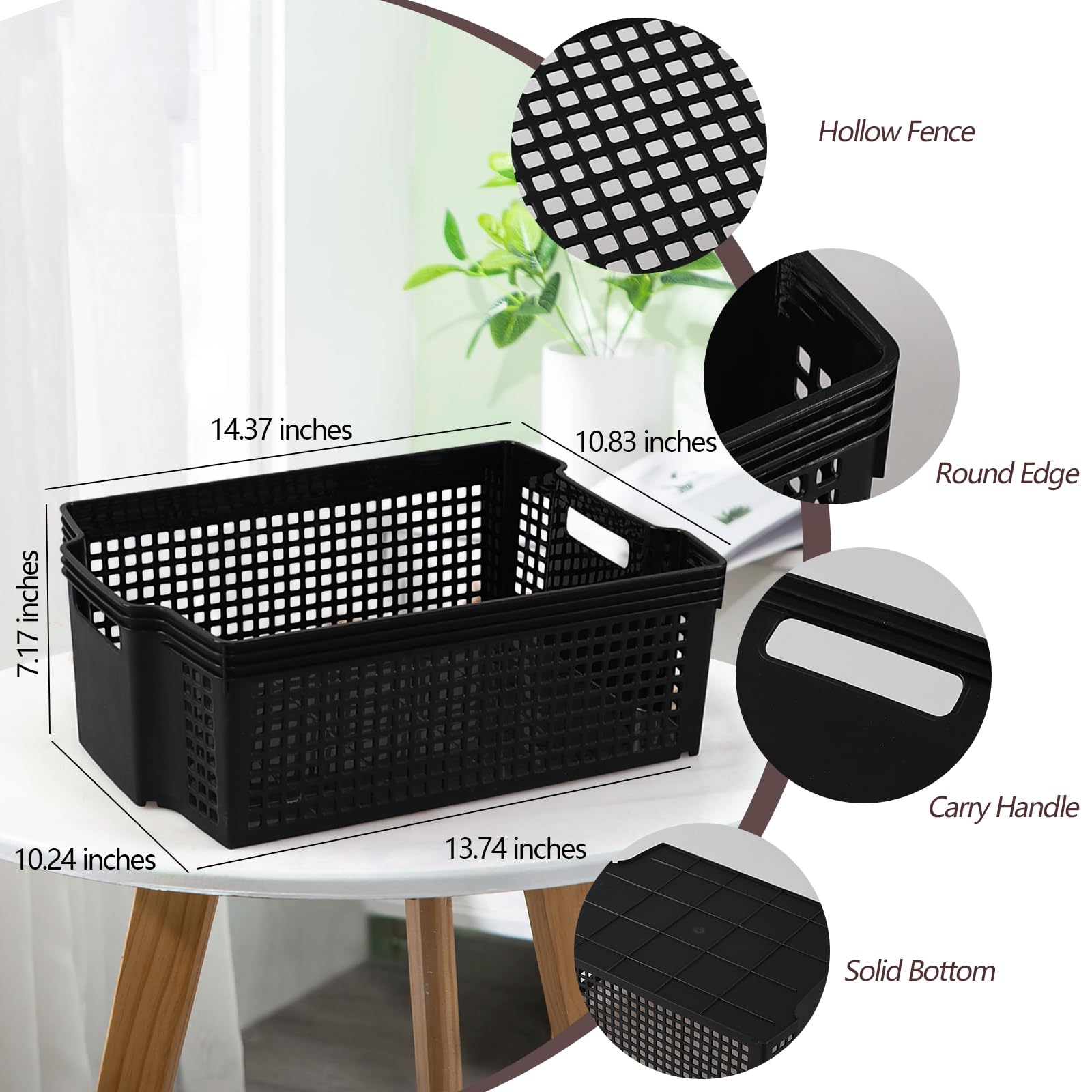 Fabnati Large Stacking Storage Basket, 6 Pack Plastic Stackable Organizing Basket Bin, Black