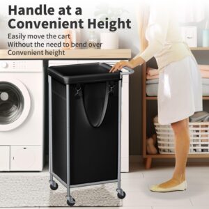 SOBECHOI Laundry Basket with Wheels, Rolling Laundry Hamper, 29 Gallons (110L), Removable Liner and Steel Frame - Steel Frame with Handle - Ink Black, 19.6 x 15.5 x 32.6 Inches