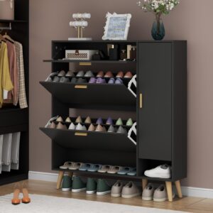 Loomie Shoe Cabinet, Shoe Storage Cabinet with 2 Flip Drawers & Side Cabinet, Narrow Shoe Cabinet with Doors, Hidden Shoe Storage with Adjustable Shelf, Slim Shoe Cabinet for Entryway