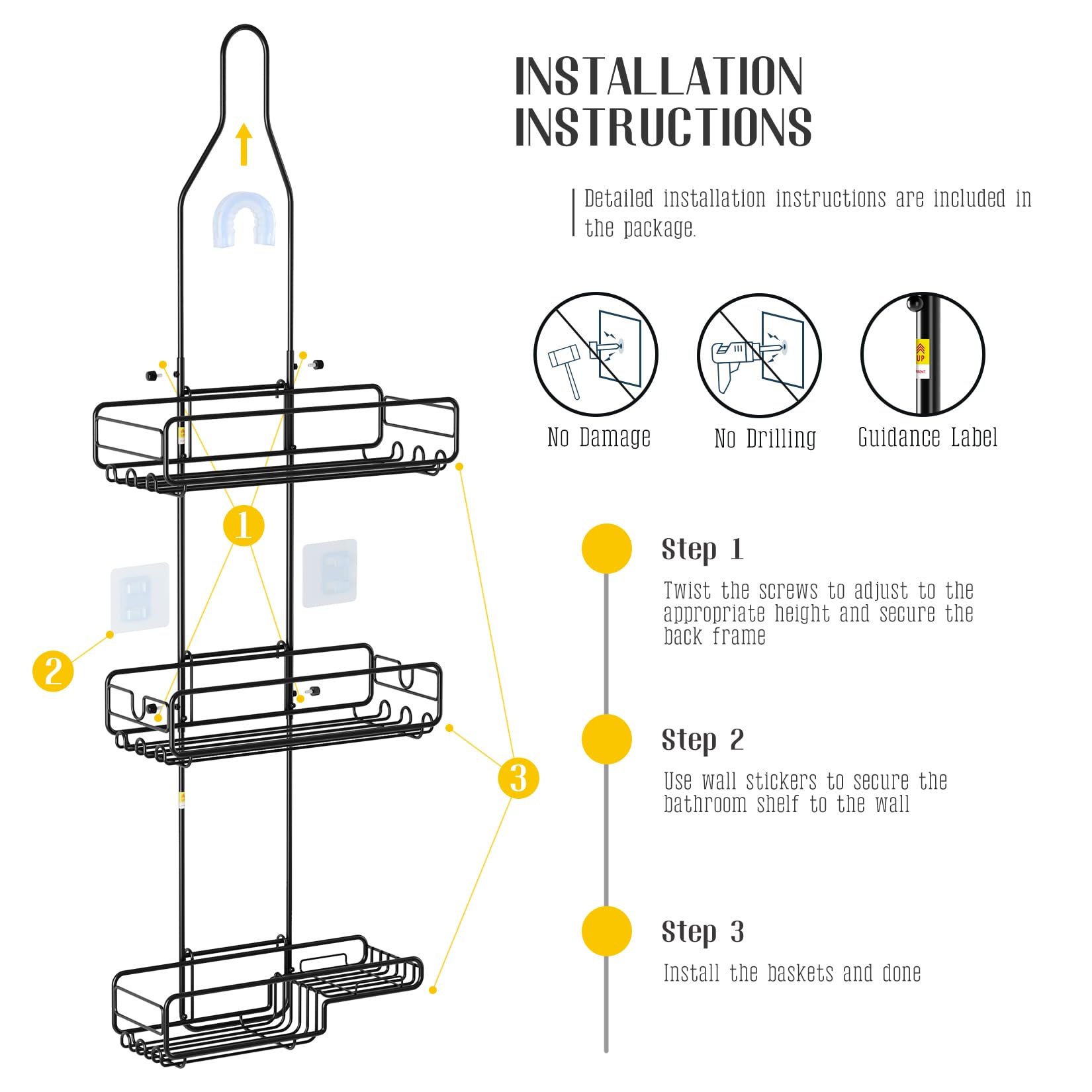 Shower Caddy Hanging Bathroom Organizer: Over Head Adjustable Rack for Tall Showerhead - Extra Large Storage Shelf for Big Shampoo Bottles with Soap Holder