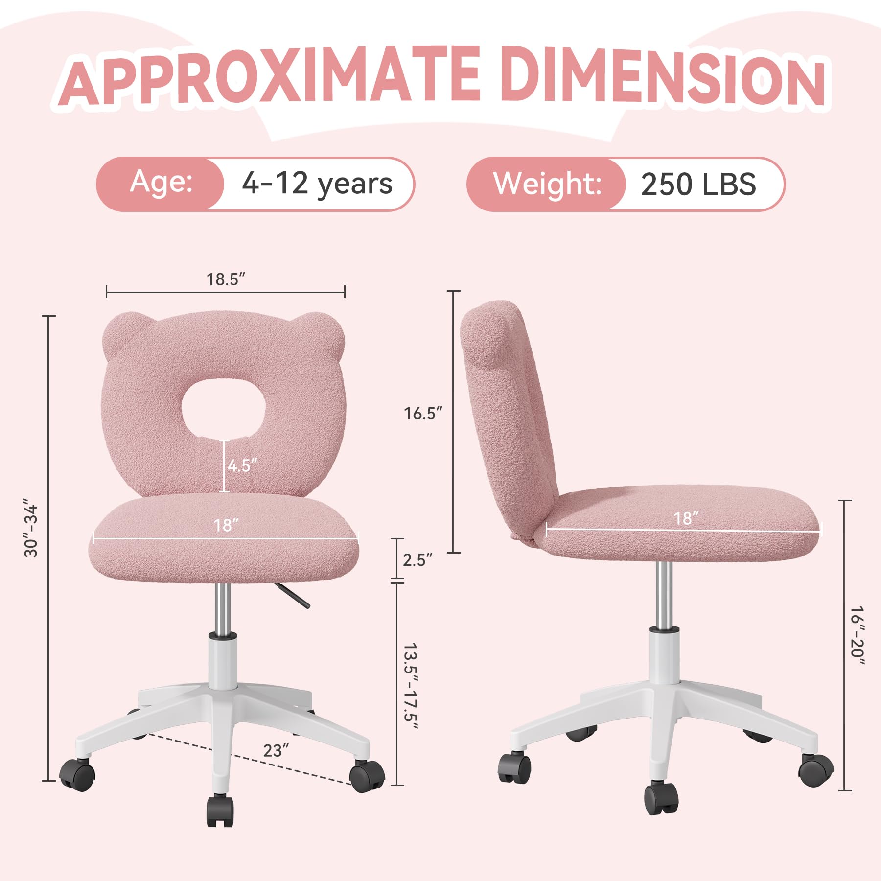 Nebuaegis Bear Kids Desk Chair with Wheels& Back, Adjustable Armless Child Study Chair, Cute Teddy Fabric Office Chair, Vanity Makeup Chair for Girl & Lady in Bedroom Reading Living Room,Pink