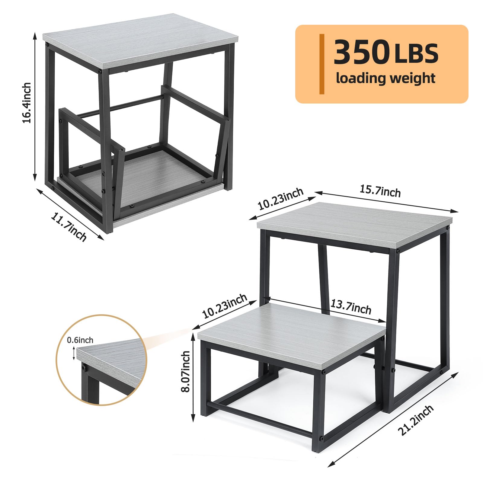 LIANTRAL Step Stool for Adults Kids, Sturdy Metal Frame Wooden Board Step Stool Helper, Supports Up to 350lb, Foot Stool, 2 in1 Step Stool for High Bed Kitchen Bathroom, Grey