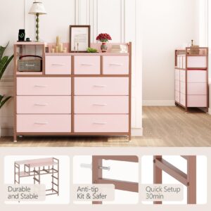 GarveeHome Dresser for Bedroom with 9 Drawer, Tv Stand with Charging Station, Fabric Chest of Drawers for Bedroom Dresser for Modern Design, Pink