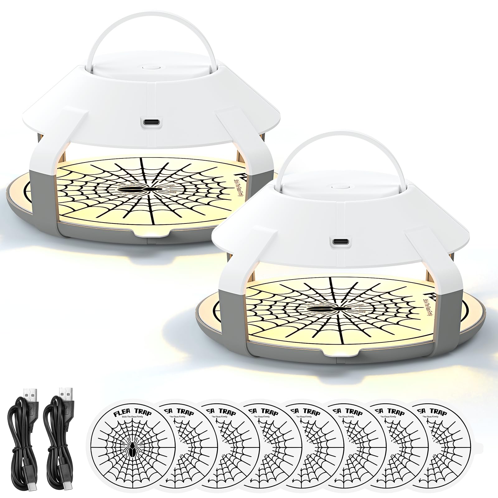 Rechargeable Flea Traps for Inside Your Home 2 Pack, Upgrade Indoor Electric Flea Trap with LED Light, Flea Insect Infestation Treatment Trap for Home and Garage W/8 Sticky 6.5” Disc Refills