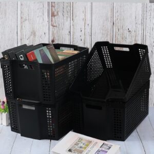 Fabnati Large Stacking Storage Basket, 6 Pack Plastic Stackable Organizing Basket Bin, Black