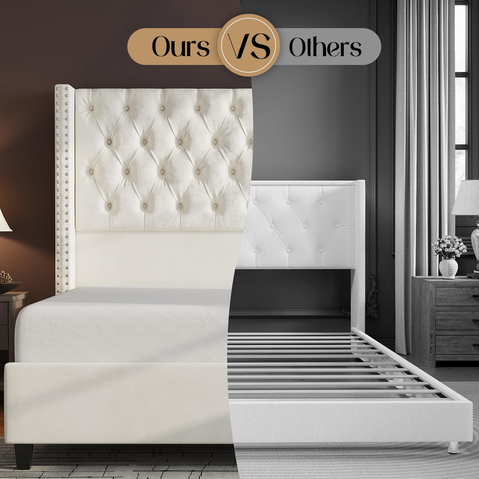 Jocisland Queen Size Bed Frame Velvet Upholstered Platform Bed with 51.6" Tall Wingback Headboard Deep Button Tufted, No Box Spring Needed, Cream