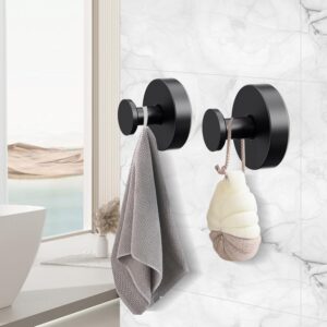 Fadroky Suction Cup Hooks, 15lbs Heavy Duty Black Towel Hooks for Bathroom, Waterproof Stainless Steel Bath Towel Hooks, Removable & Punch-Free Hooks for Shower, Towels, Bath Sponge, Robes (2 Pack)