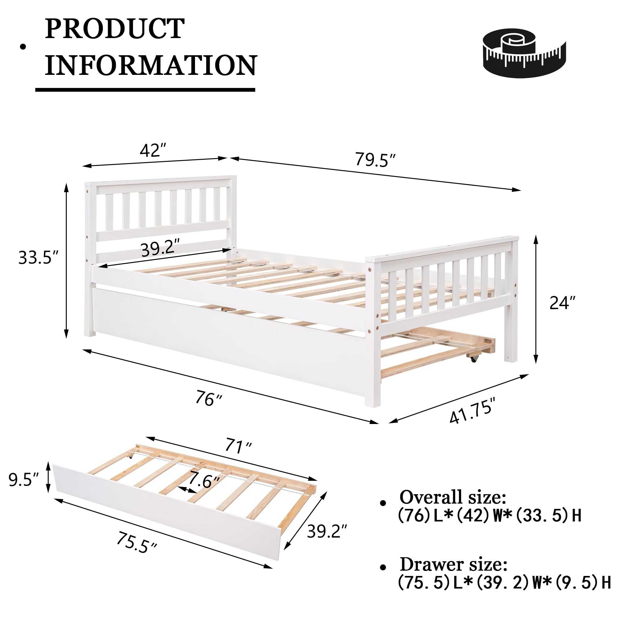 Twin Bed with Pull out Trundle, Modern Pine Wood Platform Bed with Headboard and Footboard, Trundle Bed Frame for Bedroom, Small Living Space, Boys, Girls, Adults, No Box Spring Needed, White