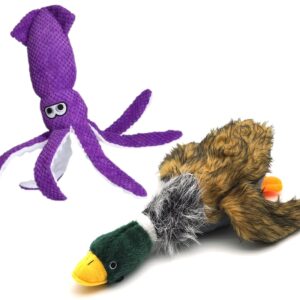 GOMUHE Dog Squeaky Toys, Plush Mallard Duck & Octopus Dog Toys Dogs, Plush Large Dog Toys, 16 Inch （2 Pack）