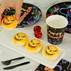 170PC Halloween Party Plates Supplies Kit Glow in The Dark Party Decorations Tableware Set with Disposable Plates,Napkins,Cups,Birthday flag and Touchdown Tablecloth for Holiday Party,Serves 24 Multi