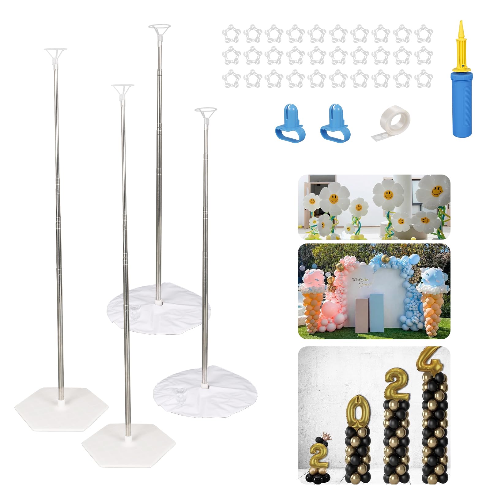 Metal Balloon Column Stand Kit Set of 4, Reusable Telescopic Design with Base and Water Bags, Height Adjustable from 1.4 to 6.8 Ft, Balloon Stander for Baby Shower Birthday Graduation Wedding Party