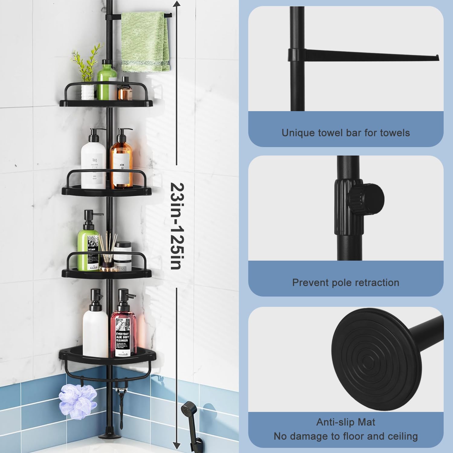 MeowWoof Corner Shower Caddy Tension Pole, 4-Tier Adjustable Shower Shelves, Rustproof Bathroom Shower Organizer, Floor Standing Bath Rack with Rod