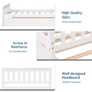 Twin Bed with Pull out Trundle, Modern Pine Wood Platform Bed with Headboard and Footboard, Trundle Bed Frame for Bedroom, Small Living Space, Boys, Girls, Adults, No Box Spring Needed, White