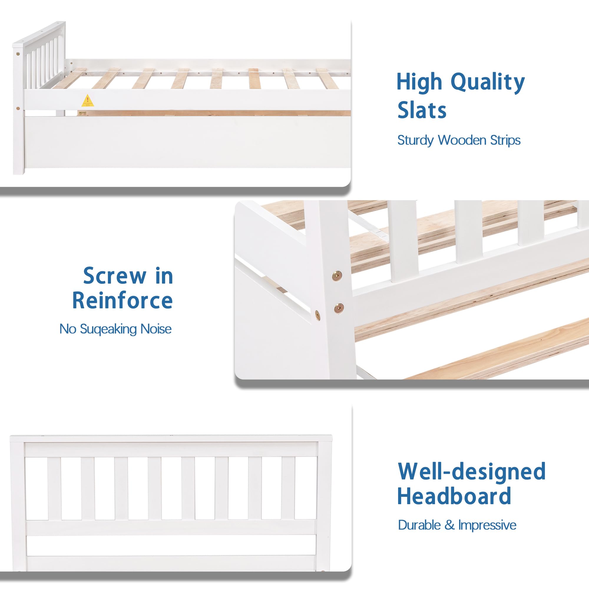 Twin Bed with Pull out Trundle, Modern Pine Wood Platform Bed with Headboard and Footboard, Trundle Bed Frame for Bedroom, Small Living Space, Boys, Girls, Adults, No Box Spring Needed, White