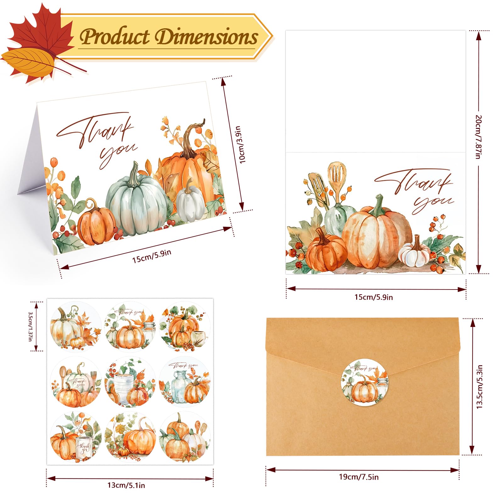 Konsait Pumpkin Thank You Cards, 24 Pack Watercolor Pumpkin Fall Thank You Cards with Envelopes and Stickers, 6 Design Bulk Thank You Cards for Thanksgiving Baby Shower Wedding