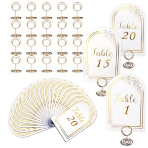 wedding table numbers 1-20, 20 white gold table number cards with 20 gold table number holders, 1 set of 20 table numbers for wedding reception(card and holder)