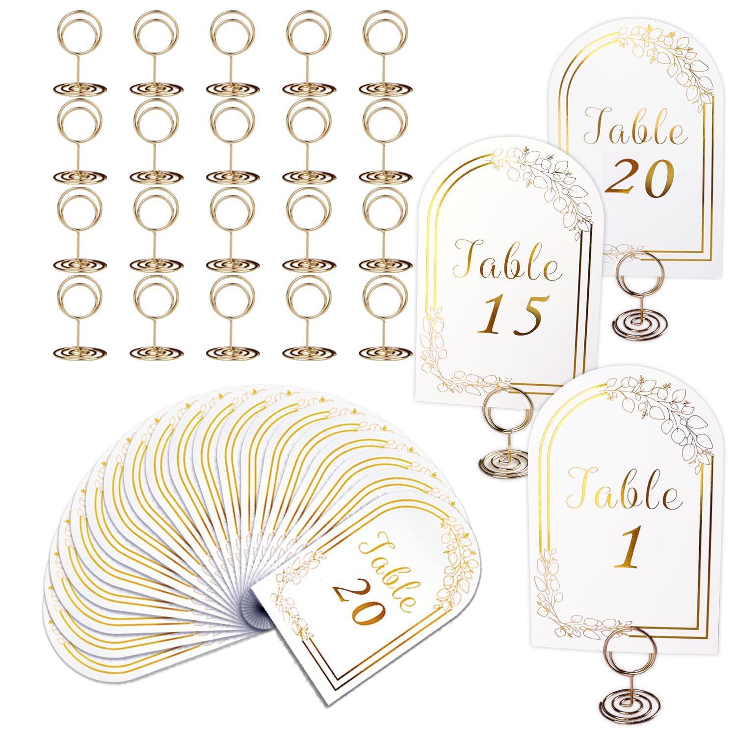 Wedding Table Numbers 1-20, 20 White Gold Table Number Cards with 20 Gold Table Number Holders, 1 Set of 20 Table Numbers for Wedding Reception(Card and Holder)