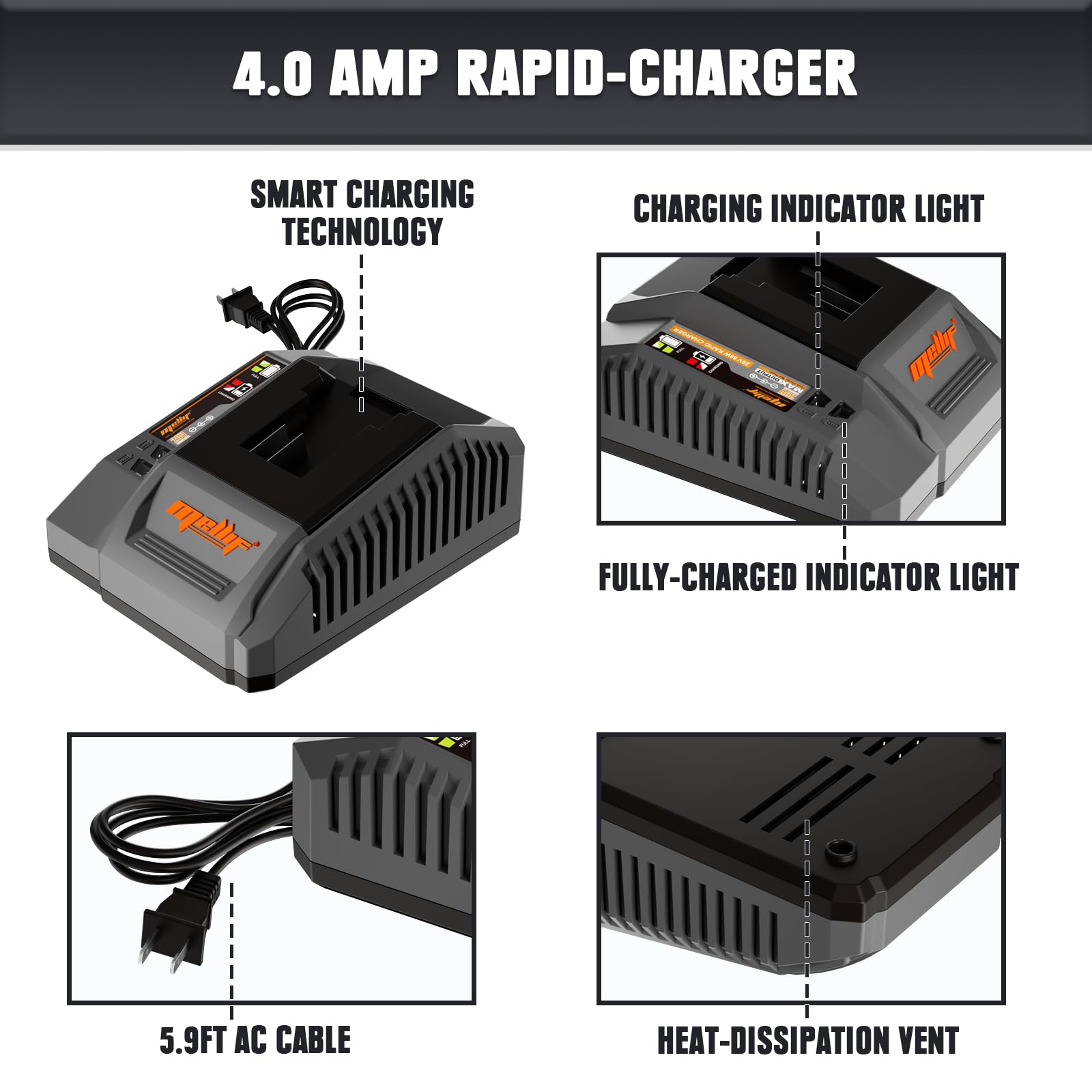 Mellif 20V Li-ion Battery Pack & Charger, Compatible with Mellif 20V Cordless Power Tools, 4.0Ah Battery & 4.0A Fast-Charger Combo, 10C/40Amps, Battery Starter Kit