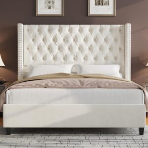 Jocisland Queen Size Bed Frame Velvet Upholstered Platform Bed with 51.6" Tall Wingback Headboard Deep Button Tufted, No Box Spring Needed, Cream