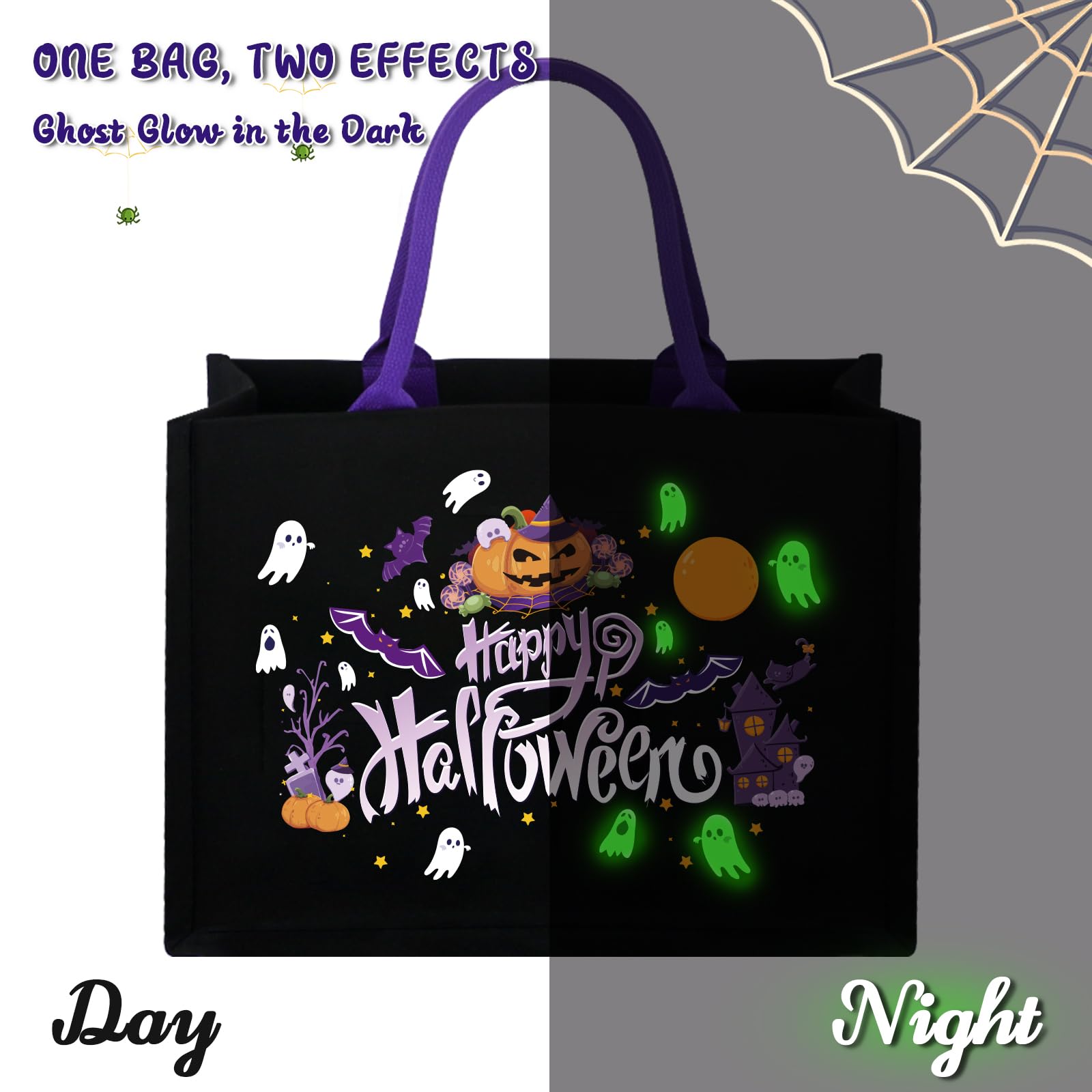 ERTIUANIO 14'' Halloween Trick or Treat Bags, Glow in The Dark Halloween Candy Tote Bag with Handle, Canvas Halloween Tote Bag, Reusable Halloween Bags for Trick or Treating, Halloween Party (2PCS