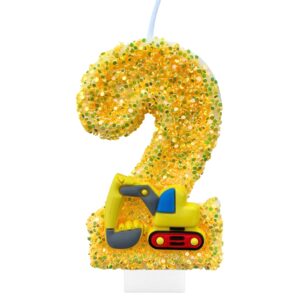 casapopz construction birthday candles for cake decoration yellow glitter number 2 candle construction cake topper construction themed cupcake topper birthday party decorations supplies favors