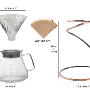 HYAXGM Pour Over Coffee Maker Set，20oz/600ml Pour Over Coffee Dripper & Glass Lid，Metal Dripper Stand and 100 Count Paper Coffee Filters，4 in 1 Set for Home or Office